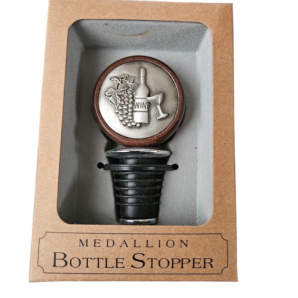MEDALLION Bottle Stopper Fine Pewter On Wood Airtight Seal Wine Grapes Design